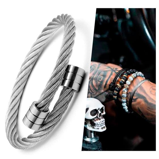 Imagem de Pulseira Masculina Cabo de Aço Italiano Ajustável Luxo Bracelete Masculino Moda