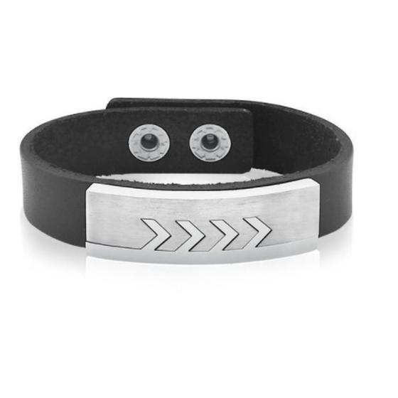 Imagem de Pulseira Masculina Com Couro Preto E Placa Trabalhada Em Aço