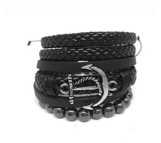 Imagem de Pulseira Masculina Couro Ancora Pedra Hematita Kit 3 Combo