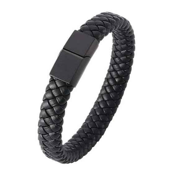 Imagem de Pulseira Masculina Couro Trançada  Fecho Aço Inoxidável 