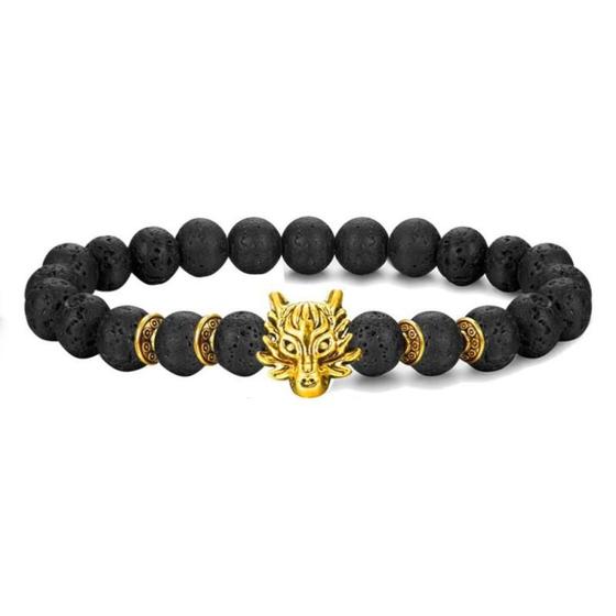 Imagem de Pulseira Masculina De Bolinhas Dragão Preto Rocha Vulcânica