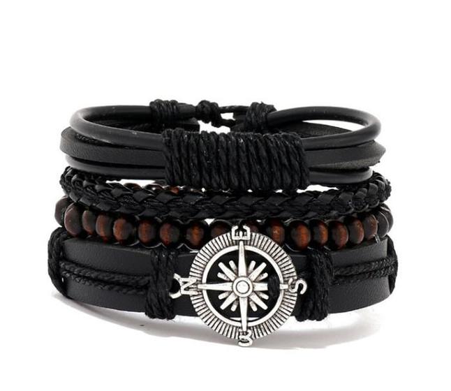 Imagem de Pulseira Masculina de Couro Preto com 4 Pulseiras 