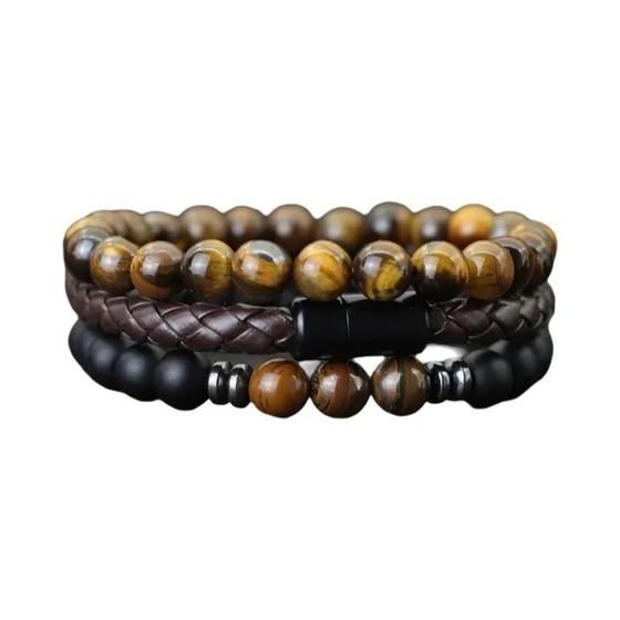 Imagem de Pulseira Masculina de Ônix e Olho de Tigre - Couro com Fecho Magnético - 8mm - Kit com 3 Peças