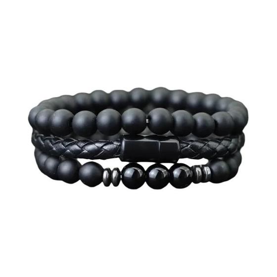 Imagem de Pulseira Masculina de Ônix e Olho de Tigre - Couro com Fecho Magnético - 8mm - Kit com 3 Peças