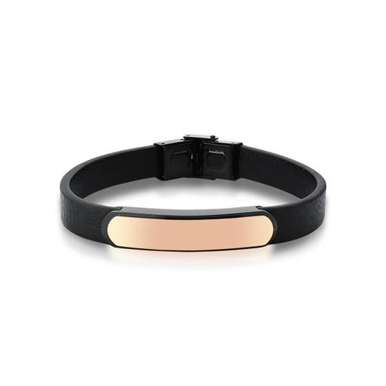 Imagem de Pulseira Masculina Em material sintético Preto Placa Lisa Em Aço Rose