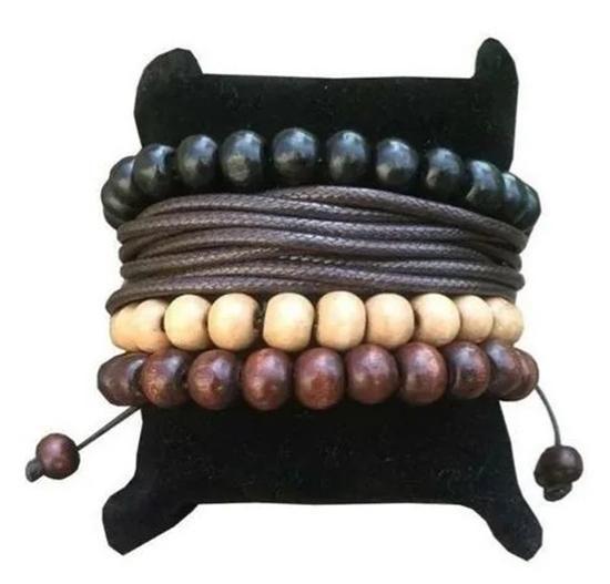 Imagem de Pulseira Masculina Feminina Madeira E Cordas Kit 4 Peças