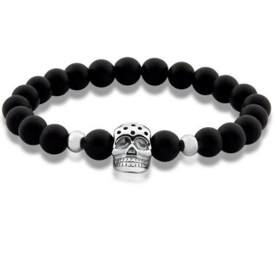 Imagem de Pulseira Masculina Pedras Vulcânicas Caveira Aço Preta