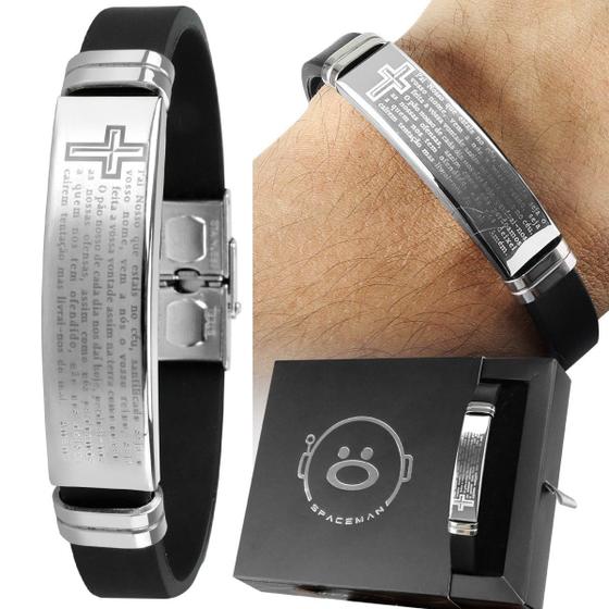 Imagem de pulseira masculina placa aço inox pai nosso social casual prata ajustavel qualidade premium religiosa original estilosa moda masculina