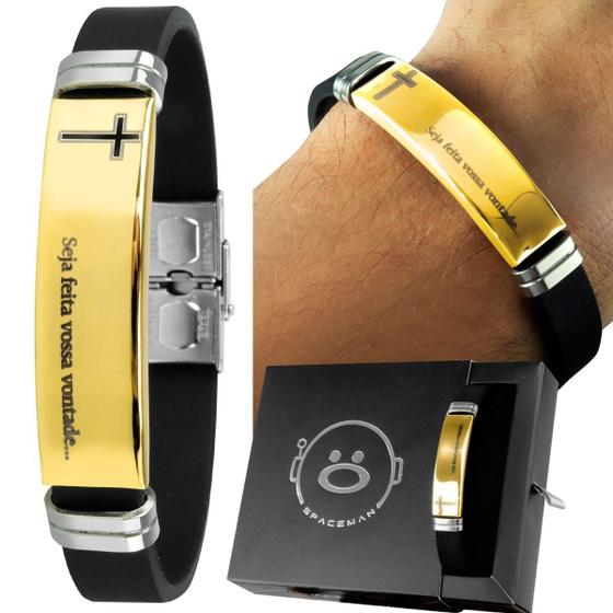 Imagem de pulseira masculina placa ouro pai nosso banhada presente casual ajustavel silicone social qualidade premium