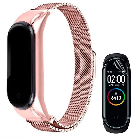 Imagem de Pulseira Metal Rosê Gold Compatível Xiaomi Mi Band 6 + Película Gel Transparente