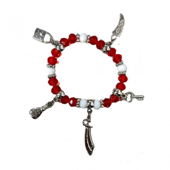 Imagem de Pulseira Ogum Vermelho Branco Penduricalhos Cristal Silicone