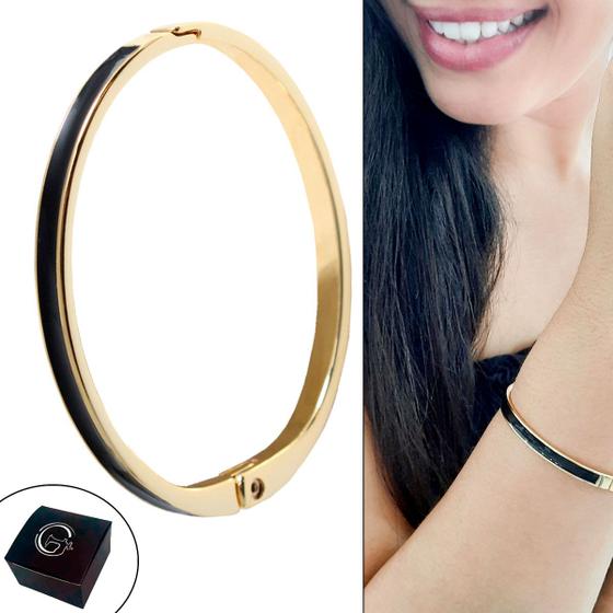 Imagem de Pulseira Oval Slim com Resina Preto Banhado a Ouro