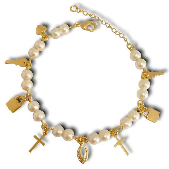Imagem de Pulseira Pérolas E Pingentes Banhada A Ouro 18k