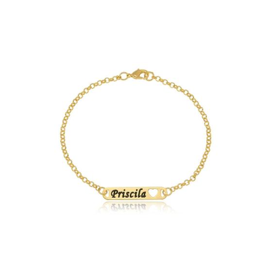 Imagem de Pulseira Personalizada Chapada Nome Coração Vazado Folheado Ouro 18k