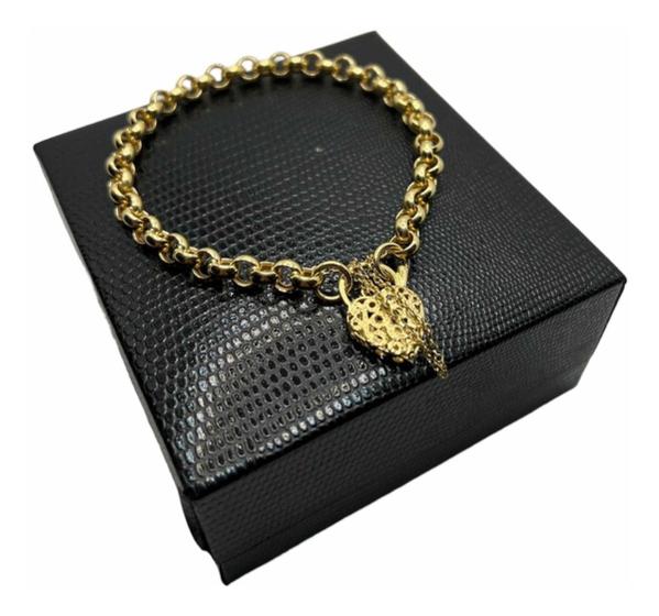 Imagem de Pulseira portuguesa com fecho de coração e pega ladrão ouro 18k