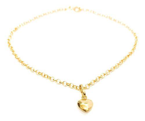 Imagem de Pulseira Portuguesa de Ouro 18k com Berloque Pingente Coração Bracelete Elo Português Feminina