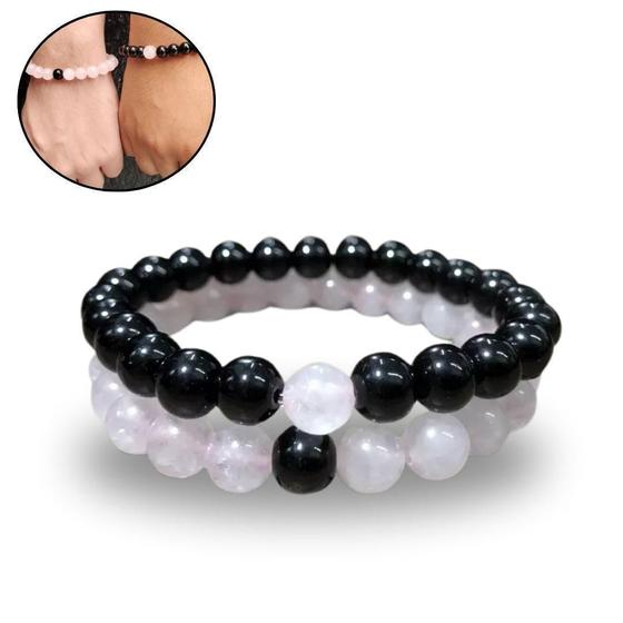 Imagem de Pulseira Quartzo Rosa E Preto Par Casal Kit 2 Un Combo