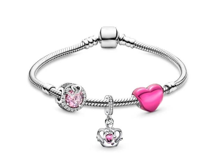 Imagem de Pulseira Rosa Estilo pandor de Coração com Berloques Prateado e Coroa Rosa