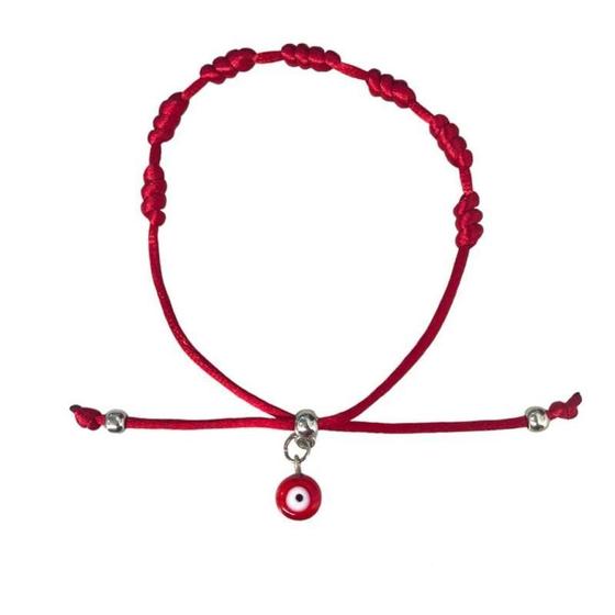 Imagem de Pulseira Sete Nós Vermelha Kabbalah Olho Grego Cetim 30g