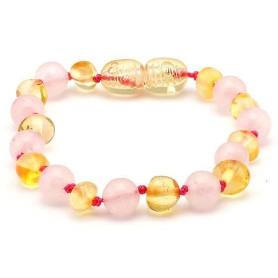 Imagem de Pulseira/Tornozeleira De Âmbar Bebê Limão E Quartzo Rosa