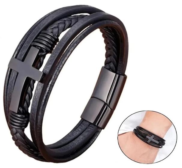 Imagem de Pulseira tribal cruz executiva em couro multicamada masculina feminina elegante luxo