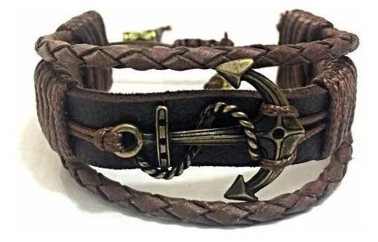 Imagem de Pulseiras Couro Masculina Âncora Kit 3 Peças Combo