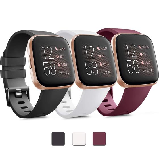 Imagem de Pulseiras de Silicone Ajustáveis para Fitbit Versa - Pacote com 3 Unidades (Grande, Preto/Branco/Vinho)