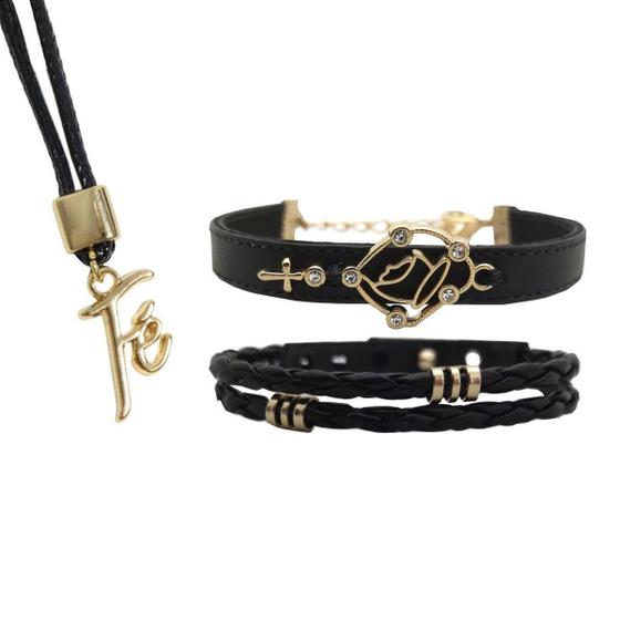 Imagem de Pulseiras Femininas Couro NOSSA SENHORA  Kit C / 02 + Colar Ajustável Fé