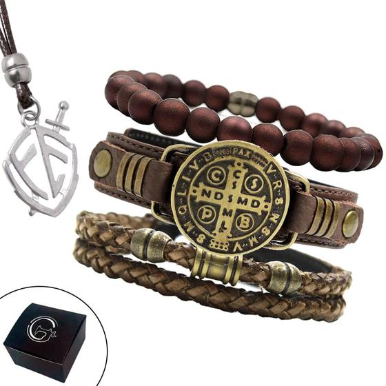 Imagem de Pulseiras Masculinas Couro SÃO BENTO Kit C / 03 + Colar Brasão Fé