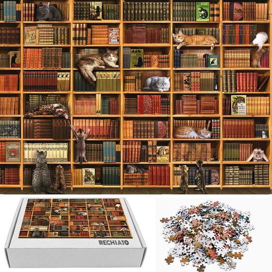 Imagem de Puzzle RECHIATO Cat Library 1000 peças para adultos com mais de 12 anos