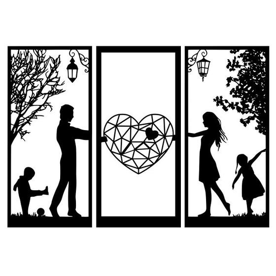 Imagem de Quadro 3 partes Familia Casal + Filhos - Mdf 3mm Preto