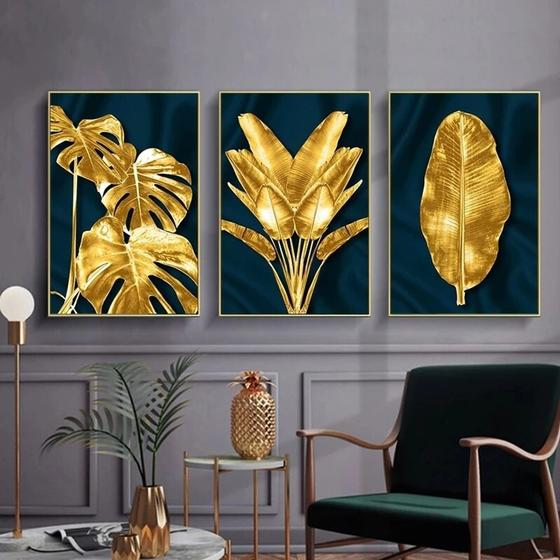 Imagem de Quadro 3 peças decoração folhas de ouro fundo azul