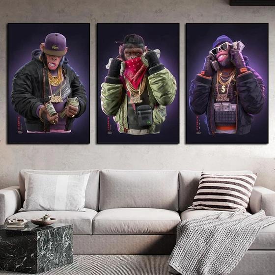 Imagem de Quadro 3 peças decoração gangue dos macacos ricos rappers