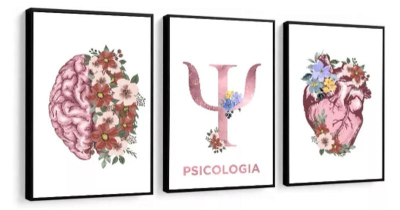 Imagem de Quadro 3 Telas Psicologia Rosa Flores Frase"