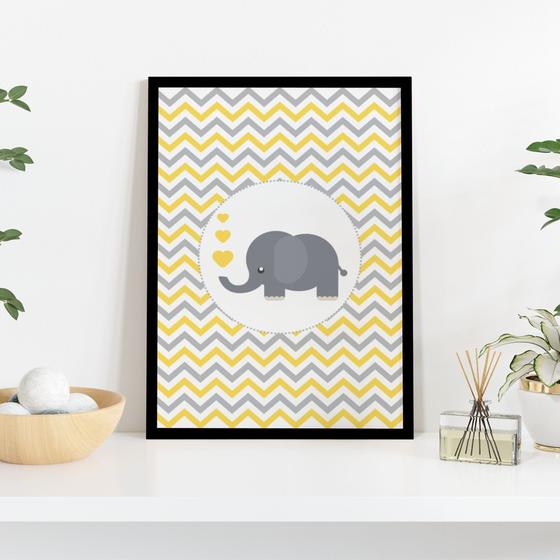 Imagem de Quadro 40x30 Elefante Cinza Amarelo Moldura Vidro