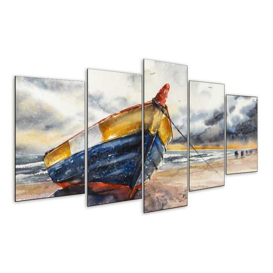 Imagem de Quadro 5 Peças Barco Mar Paisagem Pássaro Areia Mosaico