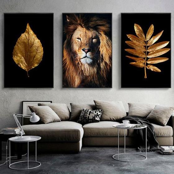 Imagem de Quadro Abstrato Folhas Leão Black e Dourado - Kit 3 telas