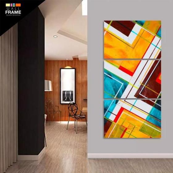 Imagem de Quadro Abstrato Geométrico Vertical Para Sala Hall 3 Peças