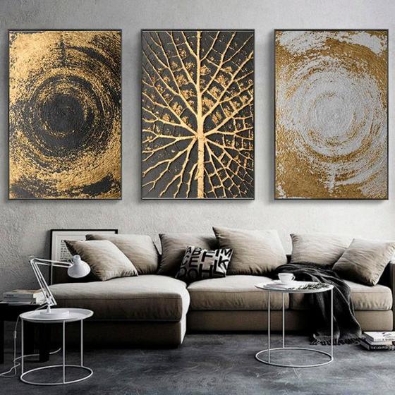 Imagem de Quadro Abstrato Luxo Dourado e Preto Árvore - Kit 3 telas