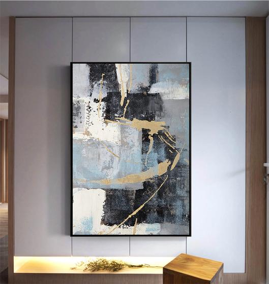 Imagem de Quadro Abstrato Preto, Dourado e Tons de Azul - Tela Canvas com Moldura Flutuante em Vários Tamanhos - Artfine