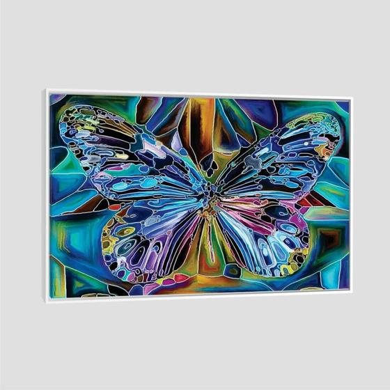 Imagem de Quadro Animais Borboleta Vitral Tela Moldura Branca 120X80Cm