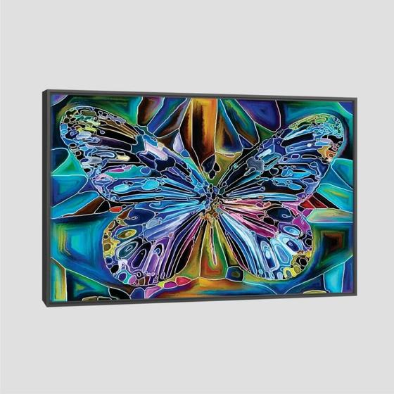 Imagem de Quadro Animais Borboleta Vitral Tela Moldura Preta 95X63Cm