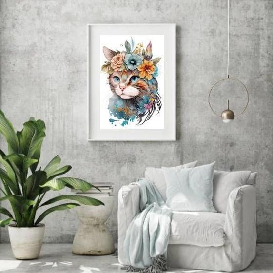 Imagem de Quadro Aquarela Gato Flores - 60X48Cm