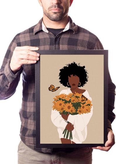 Imagem de Quadro Arte Cabelo Afro Flores Mulher Decoração