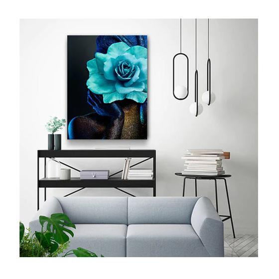 Imagem de Quadro Arte Conceito Color Paint Woman Blue Rose c/ Moldura Marrom