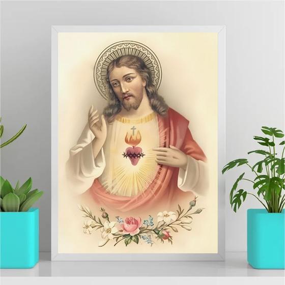 Imagem de Quadro Arte Sacra Sagrado Coração De Jesus Vintage 33x24cm - com vidro