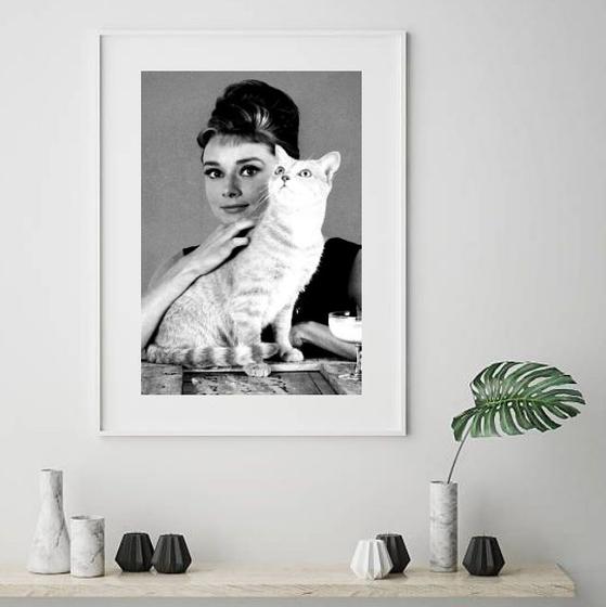 Imagem de Quadro Audrey Hepburn Com Gato - 60x48cm