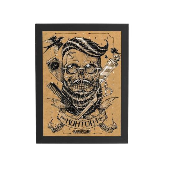 Imagem de Quadro Barbearia Barber Caveira Retro Moldura Preta 60X40Cm