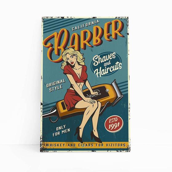 Imagem de Quadro Barbearia Barber Máquina Mulher Retro Canvas 60X40Cm