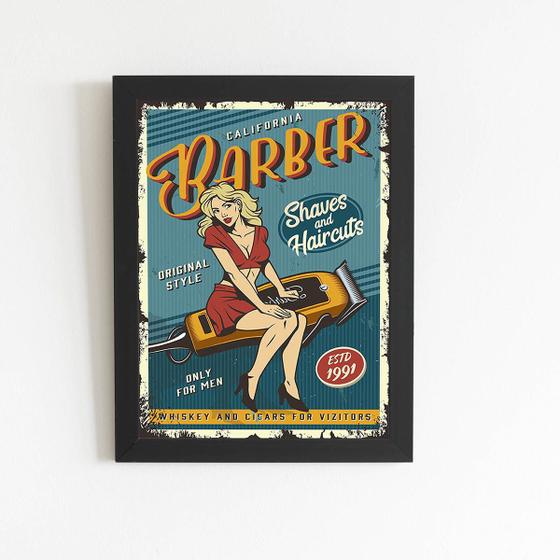 Imagem de Quadro Barbearia Barber Mulher Retro Moldura Preta 60x40cm